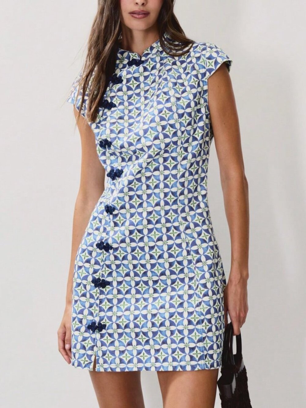 Blue Boho Women's Mini Dress With Geometric Print.